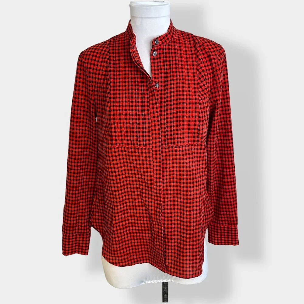 J Crew Red Plaid‎ Tuxedo Bib Blouse S